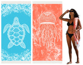 Widdonen Turkish beach towel oversized 36x79 draped over a lounge for full-body coverage.
