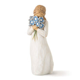 Willow Tree Forget-me-not figure front view showing bouquet held near the face for a calm remembrance.