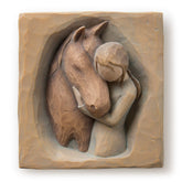 Willow Tree Quiet Strength: girl in cream dress embracing a horse in a bas-relief plaque for wall display.