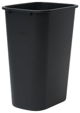 Winco waste basket 10-gallon black front view showing durable rolled edges for daily use