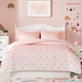 Wink Deer full-size comforter with pink gradient ombre and gold hearts.