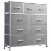 WLIVE 9-drawer fabric dresser with closed drawers for clutter control in a chic bedroom.