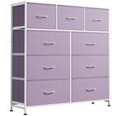 WLIVE 9-drawer dresser front view with purple fabric drawers and wood top for organized clothing