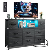 WLIVE Black Dresser TV Stand with wood top keeps entertainment gear neatly organized.