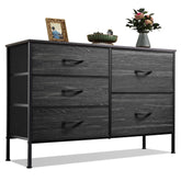 WLIVE dresser front view shows a charcoal wood-grain finish with five organized drawers for tidy clothing storage.