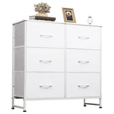 WLIVE white dresser with six fabric drawers in a neat bedroom setup