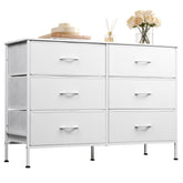 WLIVE wide dresser with six fabric drawers and wood top for organized storage.