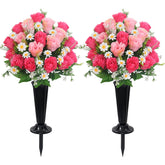 Wocst pink artificial cemetery flowers bouquet with 18 rose heads offering long-lasting memorial color.