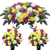 Wocst headstone saddle with purple and yellow blooms for durable outdoor display