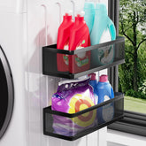 WOCUBEHOME magnetic shelf two-pack on laundry wall keeps tall bottles organized.
