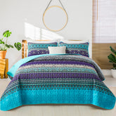 WONGS BEDDING Boho queen quilt with blue purple pattern for all-season comfort.