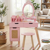 WOODENFUN kids vanity table pink, spacious surface for pretend makeup play and organization