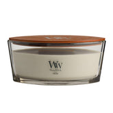 WoodWick Fireside Ellipse candle with wide melt pool for even fragrance release.