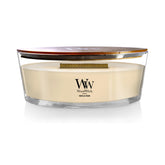WoodWick Vanilla Bean Holiday Candle label image showcases elegant branding and premium scent.