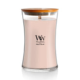 WoodWick Vanilla Sea Salt hourglass candle front view adds elegance to living spaces.