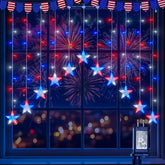 woohaha fourth of july star icicle lights front view creates a patriotic window display.