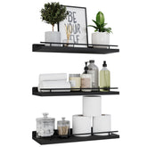 WOPITUES floating shelves with black guardrail on wall for secure display