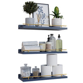 WOPITUES navy blue floating shelf with gold guardrail for stylish wall storage
