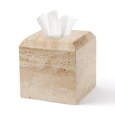 WORHE travertine tissue box cover front view showing beige stone finish