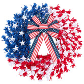 Worthyeah Patriotic Wreath on front door with blue canton and star accents for seasonal charm.
