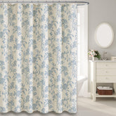 WOUVMA blue floral curtain detail shows vibrant pattern and soft fabric texture