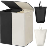 WOWLIVE lid closed on double laundry basket keeps clothes out of sight for a tidier space.