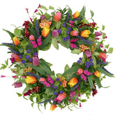 WreathDream spring tulip wreath on front door for vibrant curb appeal.