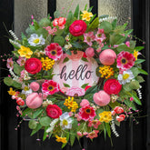 WreathQueen spring front door wreath with Hello sign enhances curb appeal.