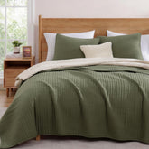 WRENSONGE olive green California King quilt set adds calm color and warmth to the bed.