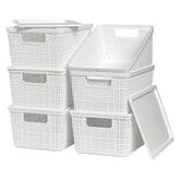 WRRLORS six-pack plastic storage baskets with lids for organized desktop storage.