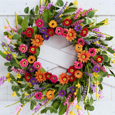 WSTPUPU artificial spring wreath with green eucalyptus, pink daisies, lavender for welcoming front doors.