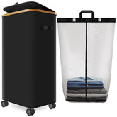 Wuevu laundry hamper with 4-wheel design and lockable brakes for easy movement.