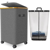 Wuevu laundry hamper with four wheels β front view for easy glide on carpet.