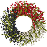 wwmira 24 inch PE flower wreath with red white blue petals for front door appeal.