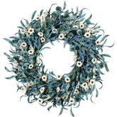 wwmira blue daisy wreath front door display for welcoming guests on a covered porch.