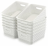 WYT 12-pack plastic storage baskets with woven look for clutter-free shelves.