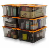 WYT 5-quart storage bin with orange secure lid for space-saving organization.