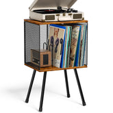 X-cosrack record player stand with diamond mesh front view, ideal for organized vinyl storage.