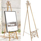 XAONIEN gold metal scroll easel front view with adjustable height for signs