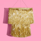 xo Fetti gold fringe chandelier with shimmering foil fringe for a festive ambiance