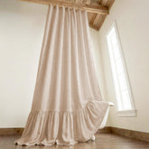 XOGUIBO extra-long shower curtain beige, front view, adds rustic charm to your bathroom.