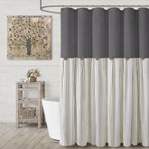 XOGUIBO farmhouse curtain in linen grey highlights natural drape and cozy bathroom feel.