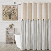 XOGUIBO farmhouse linen shower curtain with grey stripe, 72x72, natural textured look