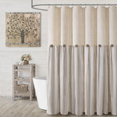 XOGUIBO farmhouse shower curtain in linen-beige with natural drape for a cozy bathroom.