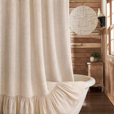 XOGUIBO farmhouse shower curtain with ruffle hem adds rustic charm and easy care.