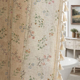 XOGUIBO floral vintage linen shower curtain closeup showing embroidered-like blossoms for timeless dΓ©cor