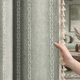 XOGUIBO Sage Green boho pattern close-up showing linen texture and tassels for privacy
