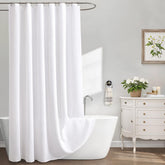 XOGUIBO waffle curtain closeup shows cotton-like texture for luxury bathroom feel.