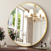 XRAMFY round mirror with a matte gold frame enhancing entryways and reflections