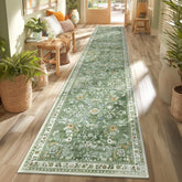 Yamaziot floral green 2x12 rug closeup with soft faux wool underfoot.